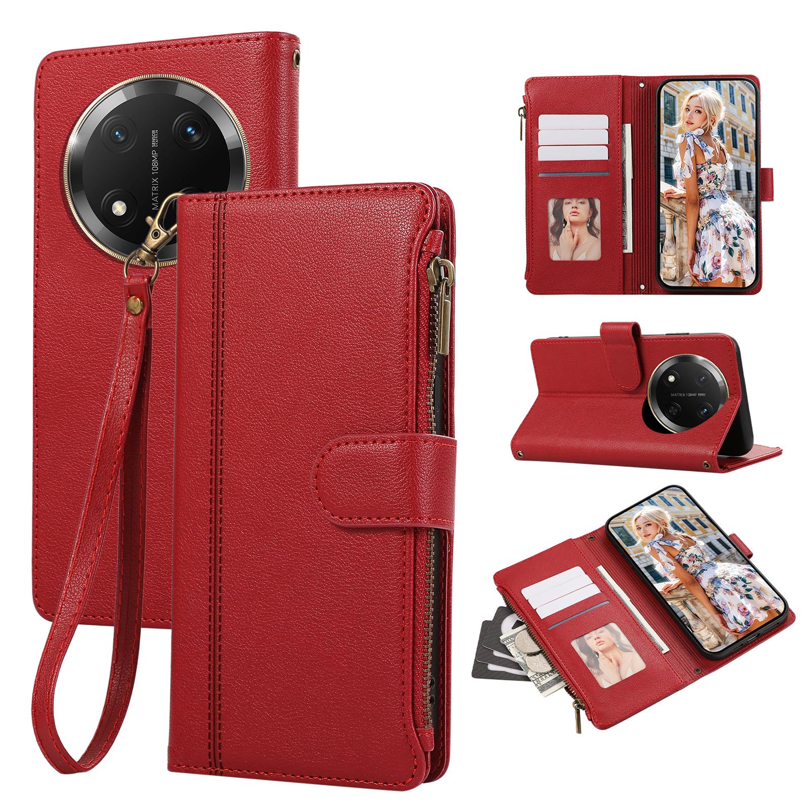 

For Honor X60 Pro 5G/X9c 5G/Magic7 Lite 5G Case Multi Card Slots Zipper Leather Phone Cover with Wrist Strap Red