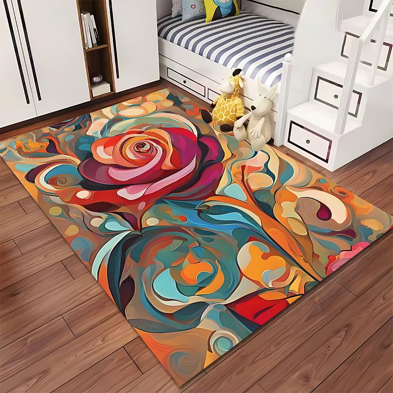 Abstract Rose Pattern Living Room Carpet, Colorful Modern Design Rug Suitable for use as an anti-slip for living room bedroom sofas