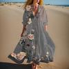 Women's Summer Fashion V-neck Retro Floral Print Short Sleeved Beach Dress With Lace Patchwork Dress