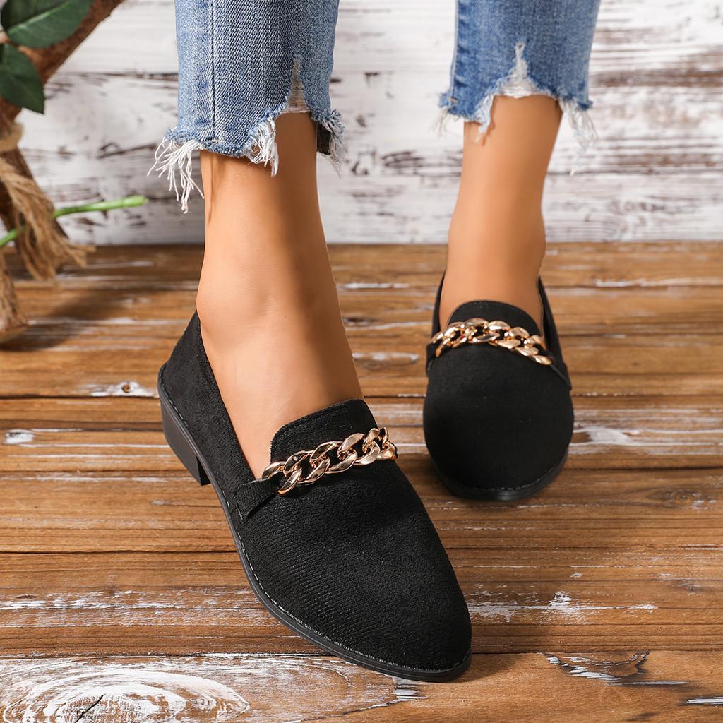 Comfortable Chunky Heel Slip-on Shoes For Women With Stylish Metal Chain Design