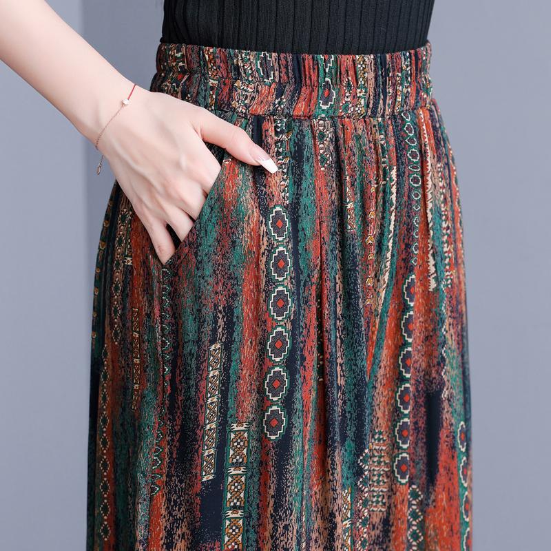 Women's Plus Size Cotton Silk Printed Wide Leg Pants, Elastic Waist Casual Summer Trousers (XL-5XL)