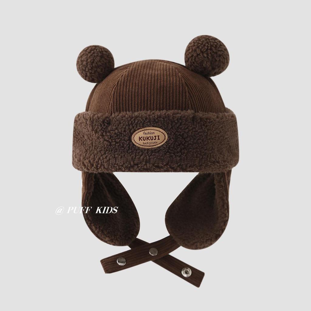 Children's Winter Hat with Fleece Lining, Windproof Corduroy Design, and Lambswool Ear Protection
