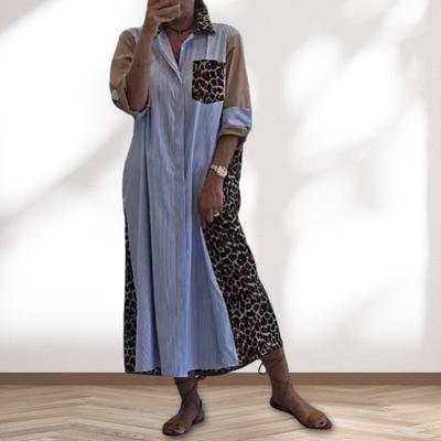Lady Shirt Dress Leopard Print Patchwork Turn-down Collar Contrast Color Single-breasted Loose