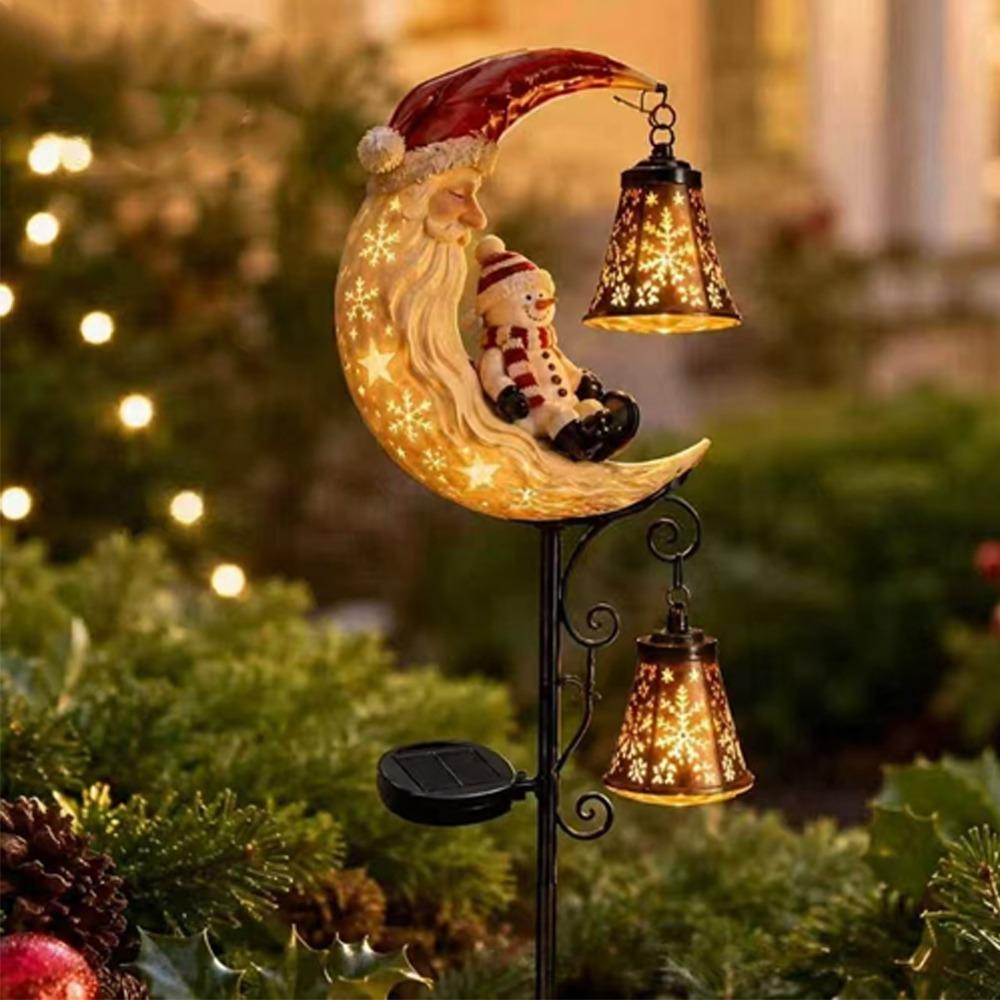 LED Glowing Christmas Moon Solar Stake Light Waterproof with Bell Xmas Garden Stake Lamp Solar Powered Hollow Lantern