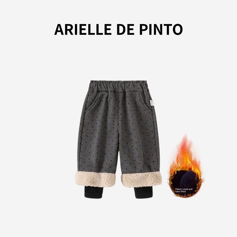 French Arielle De Pinto Girls  Fleece-Lined Pants Winter Style Faux Two-Piece Polka Dot Baby Casual Pants Gray background polka dots 80