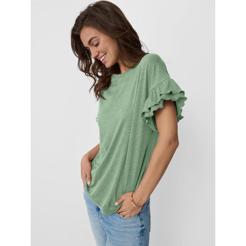 Spring and Summer New Solid Color Round Neck Ruffle Sleeve Short-sleeved T-shirt Top