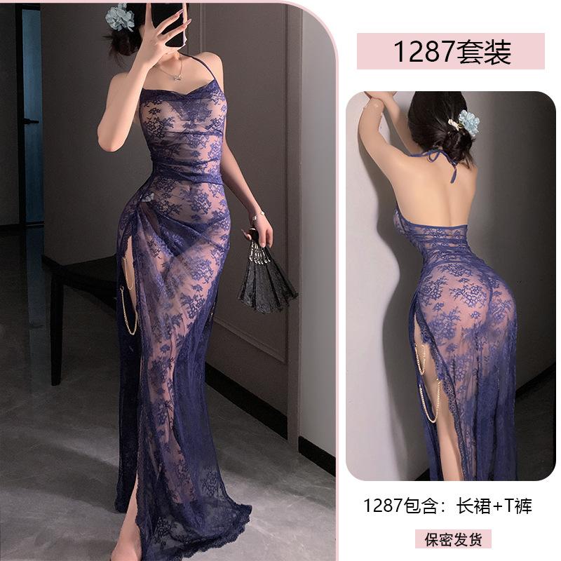 Erotic Underwear, Lace Seductive Sexy Halter Long Dress, Nightclub Hot Uniform Seductive No-take Pajamas 1287