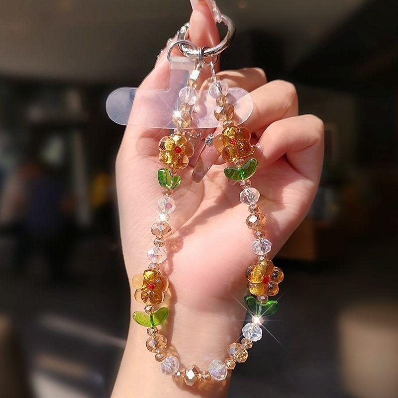 Fashion Flower Crystal Phone Chain With Pvc Cord For Both Genders