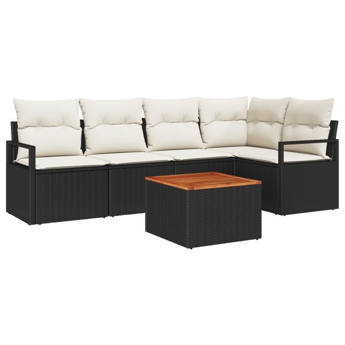 Ensemble de Canapés de Jardin 6 Pièces avec Coussins Noir en Rattan Poly, Canapé de Jardin 2 Places avec Rangement 3356374