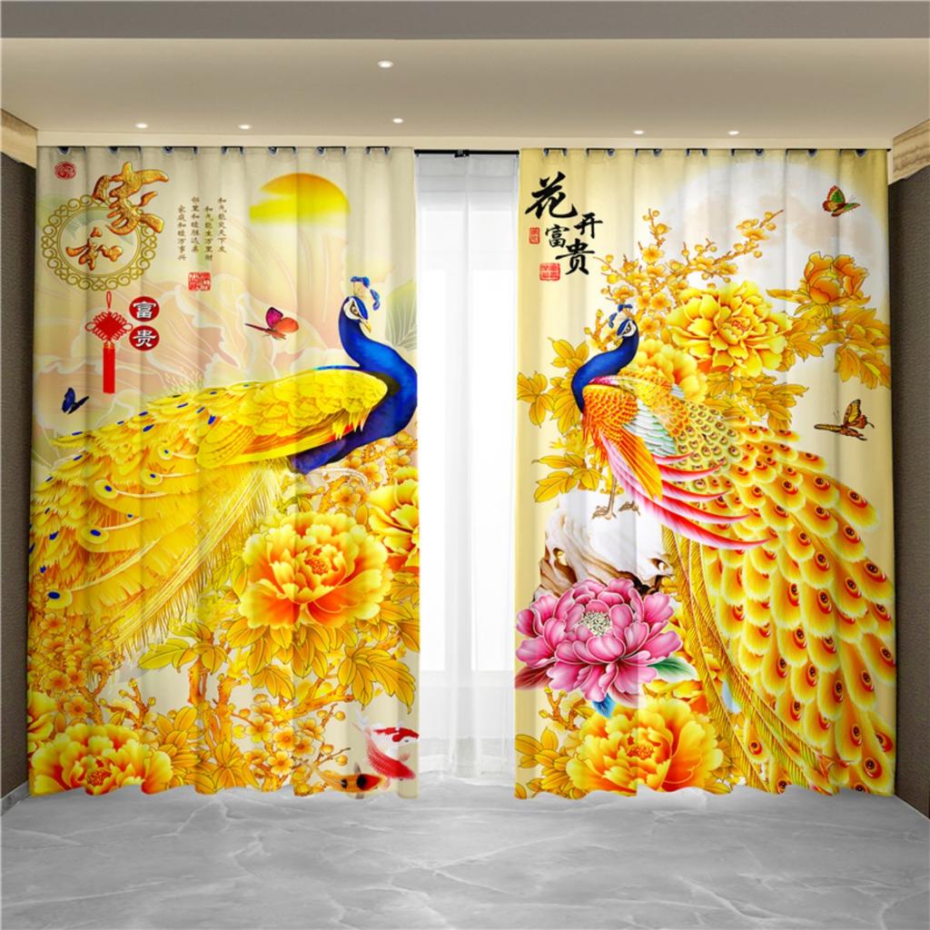 Nowy Chiński Styl Tuszowy Pejzaż Malarstwo Kwiatowe Paw Feniks Zasłona Okno od Podłogi do Sufitu Salon Tkanina Zaciemniająca Zasłona