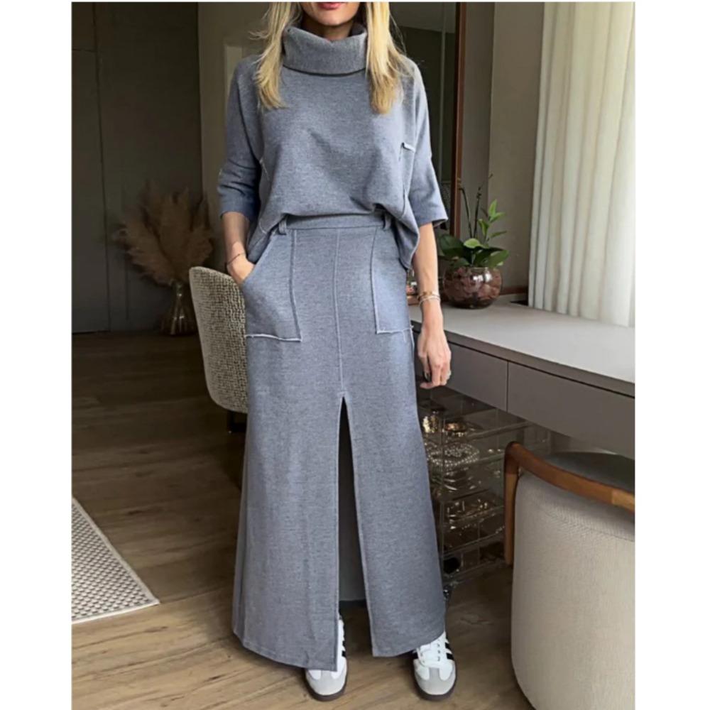 New Women's Autumn and Summer Solid-color Casual Loose Pocket Sweatshirt Straight Skirt Set