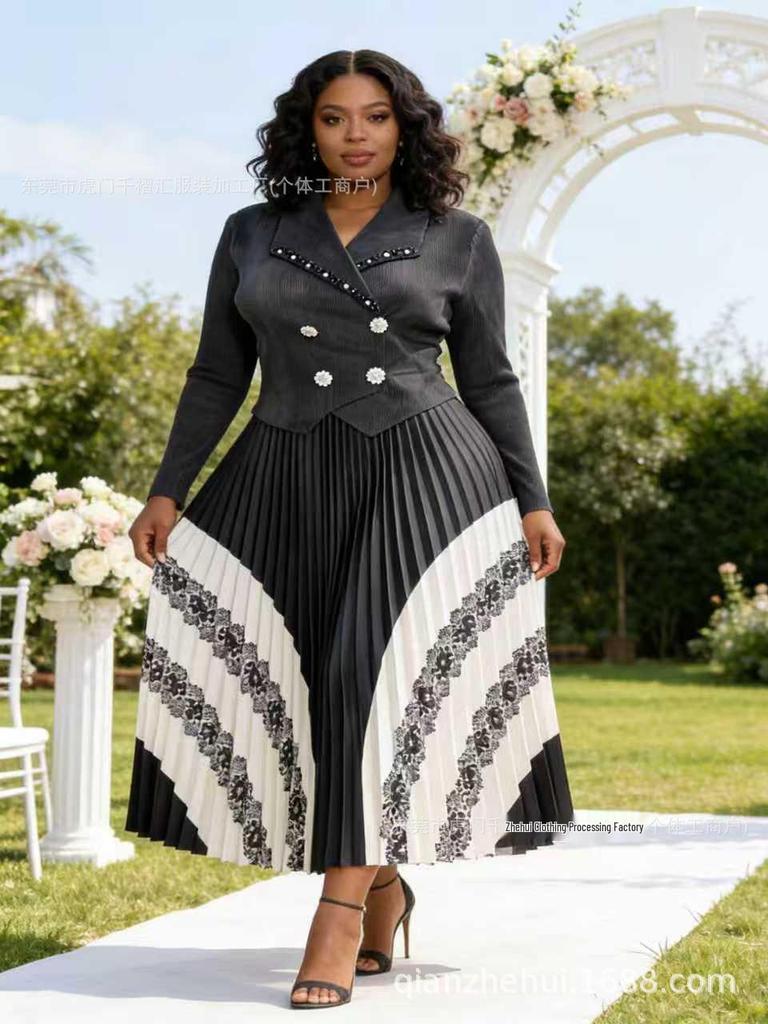 Miyaki Plus Size Long Sleeve Pleated Dress with Bead Embellishment and Print for Women