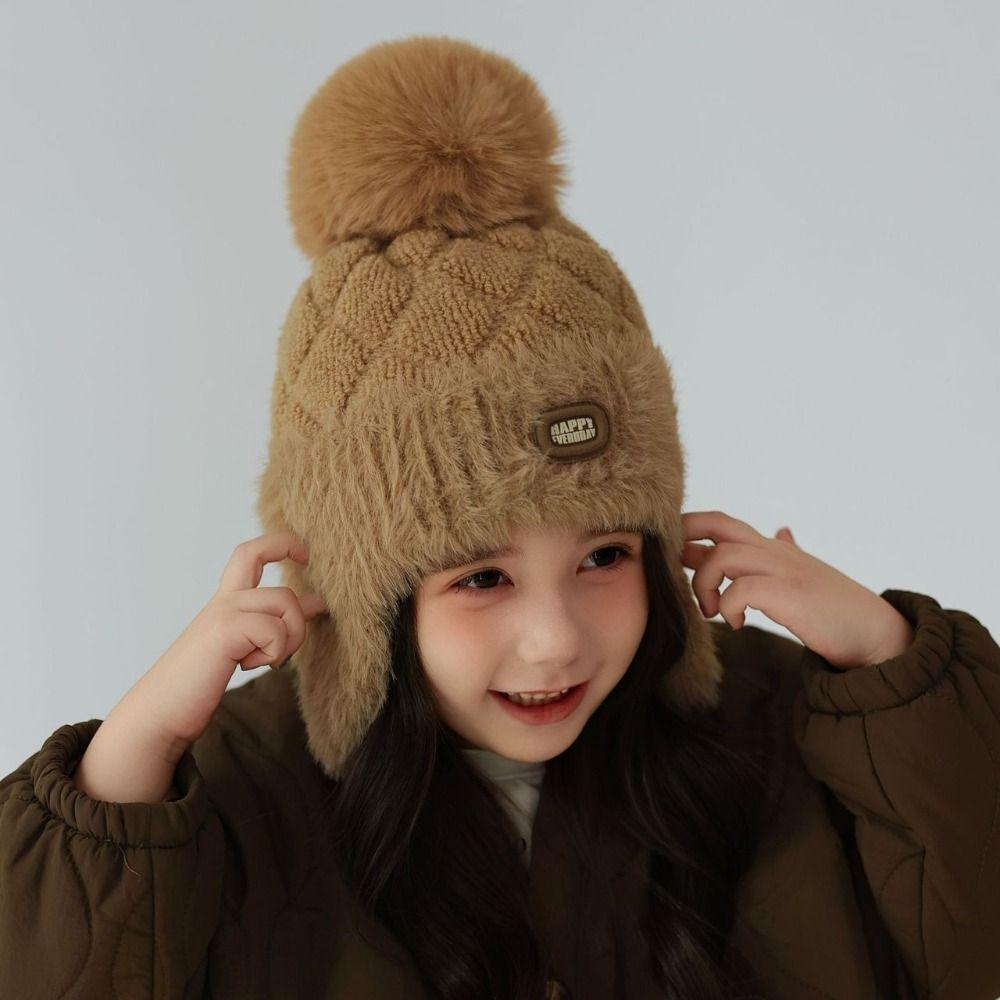 Plush Winter Knitted Hat Solid Color Earflaps Bonnet Hat Fashion Kids Beanie Cap