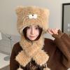 2-in-1 Bear Ears Plush Hat with Scarf Women Winter Warm Hooded Beanie Face Slimming Sweet Trapper Cap