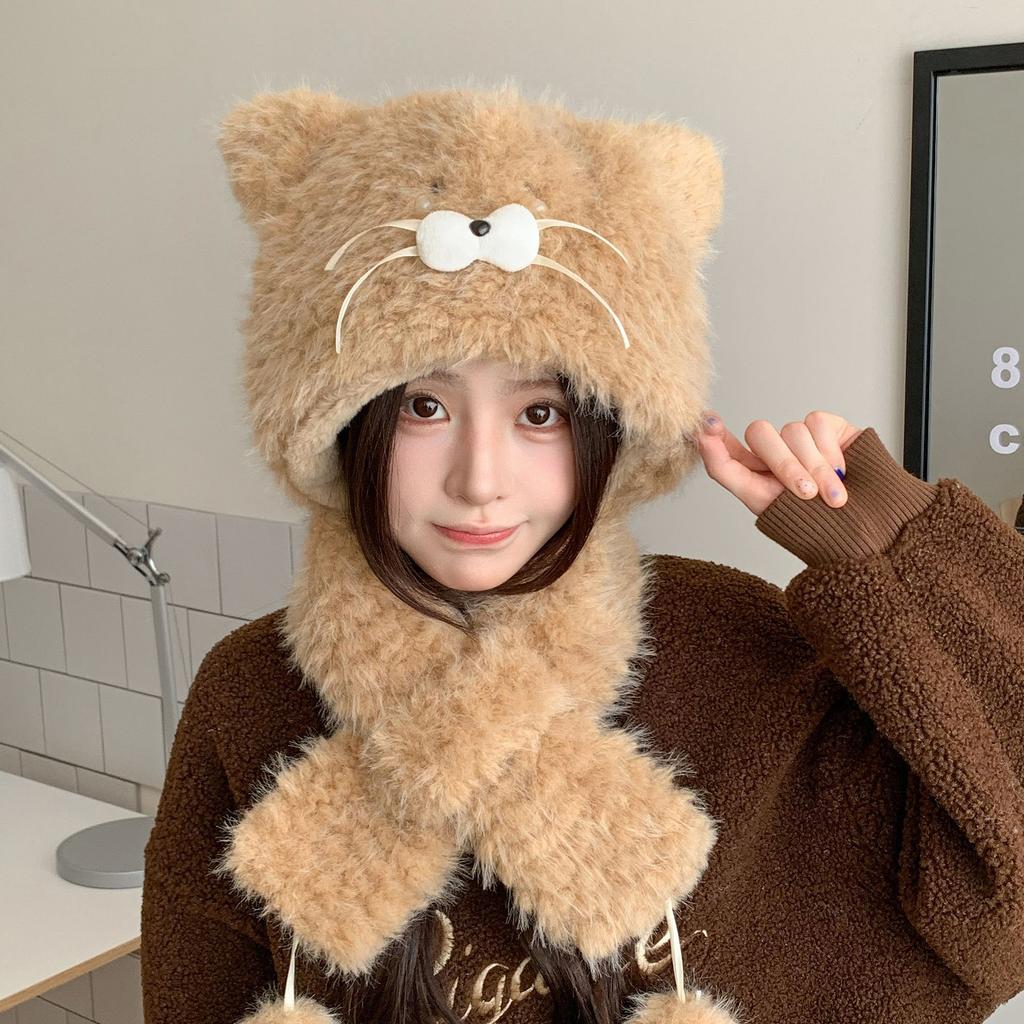2-in-1 Bear Ears Plush Hat with Scarf Women Winter Warm Hooded Beanie Face Slimming Sweet Trapper Cap