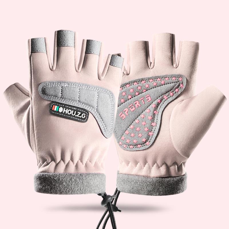 Autumn and winter children's half-finger gloves, velvet warm boys and girls, non-slip half-finger children, student sports riding
