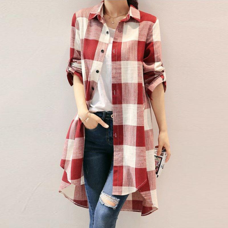 Cotton and linen shirt jacket women's summer thin sunscreen shirt medium and long long-sleeved top loose plaid shirt