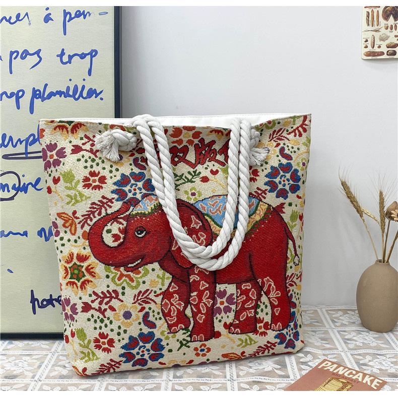 Etnisk stil elefantbroderad damväska hampa rep axelrem broderad mammapåse picknickväska axelväska messengerväska