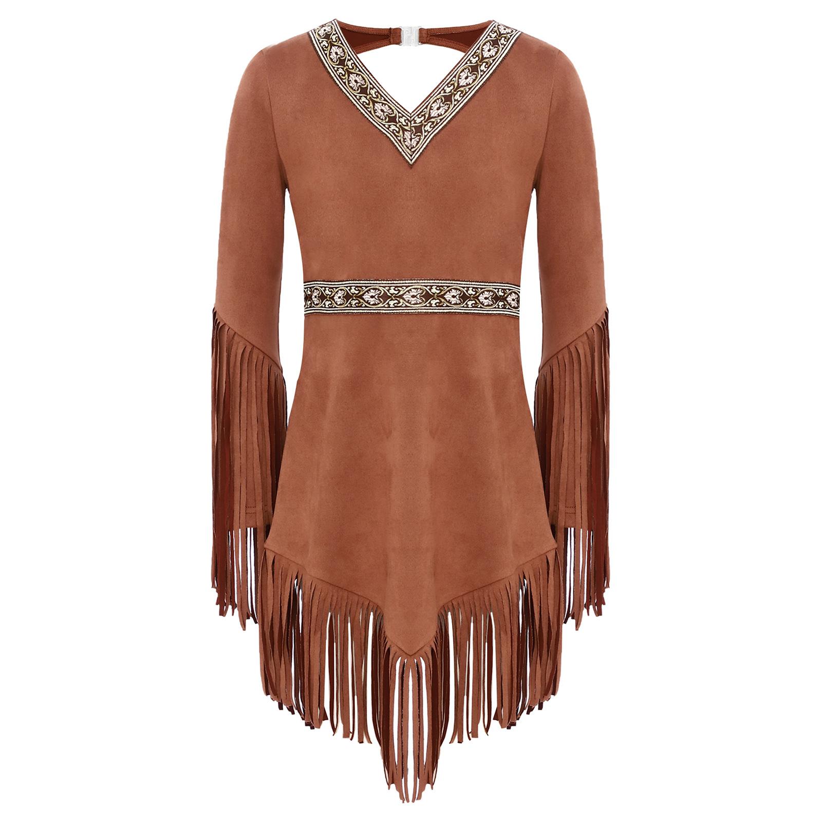 

Girls Native American Costume Dress Long Fringed Sleeve V Neck Back Cut Out Design Tassel Hem Thanksgiving Party Dress 5-6 Years темно-коричневого кольору