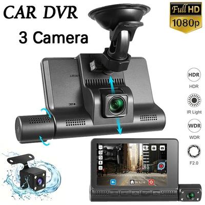 Cámara de salpicadero DVR para coche de 4 pulgadas, grabadora de vídeo de 3 lentes, Carplay, DVR, espejo, caja negra, pantalla táctil IPS 1080P HD, accesorios para coche