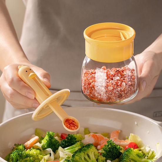 Seasoning Jar Glass Spice Dispenser Quantitative Countertop Kitchen Canister Sugar Bowl Condiment Bottle with Telescopic Spoon