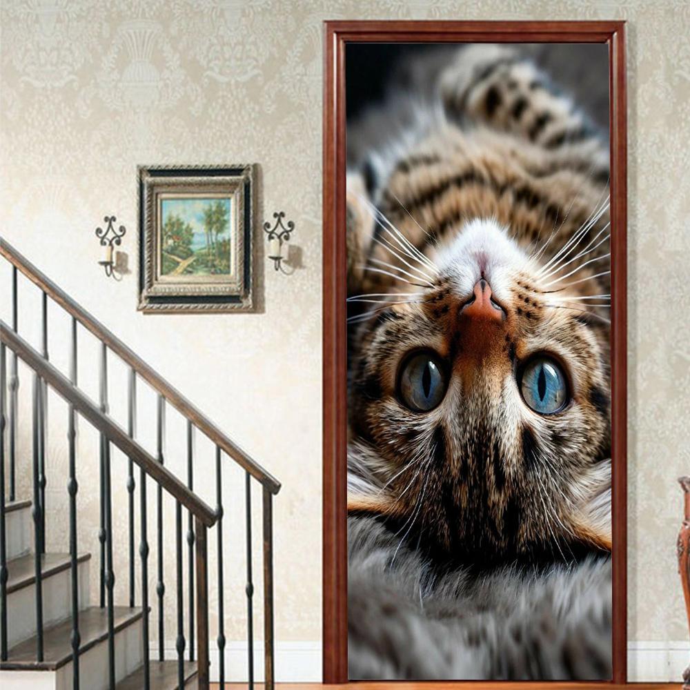 

1 шт. Мила наклейка на двері з вінілу з котиком для спальні, домашнього декору, самоклейна, знімна настінна наклейка, реновація дверей, водонепроникний постер 40x120cm