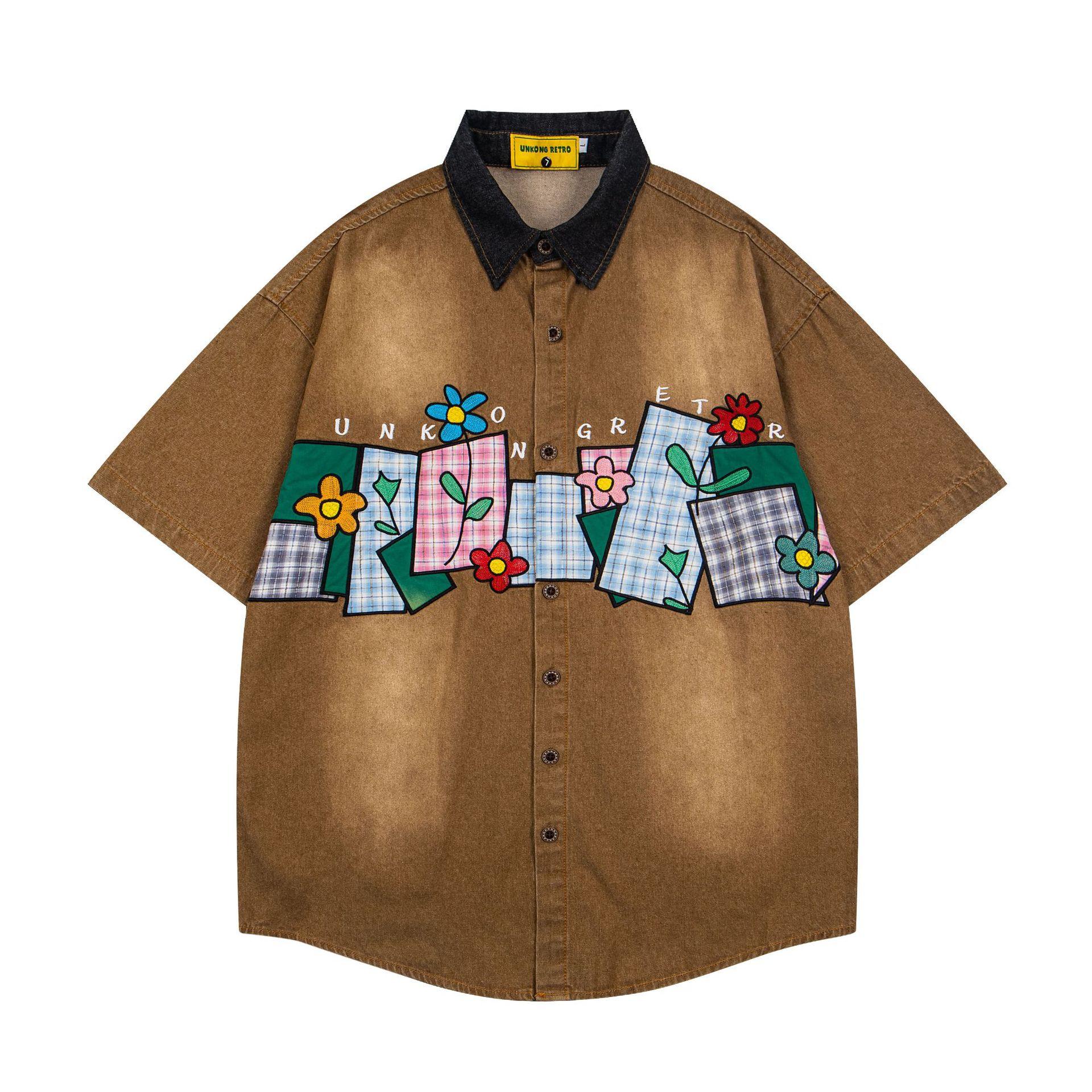 American retro washed denim shirt flower embroidery Hong Kong style Guochao shirt couple M