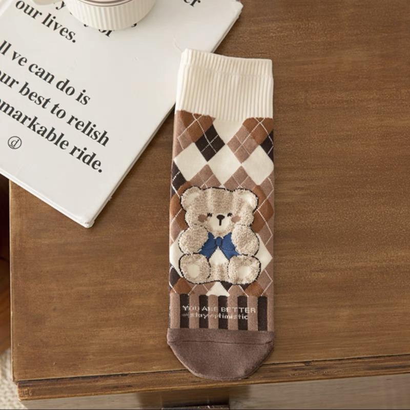 Cute Little Bear Socks, Cartoon Checkerboard Pattern, School Style, Versatile Cotton Socks, Trendy Short Socks