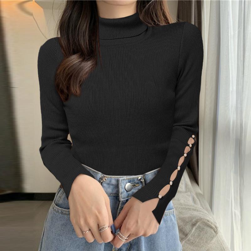 ZANZEA Autumn Winter Women Turtleneck Sweater Long Sleeve Pearl Knitted Jumpers Undershirts