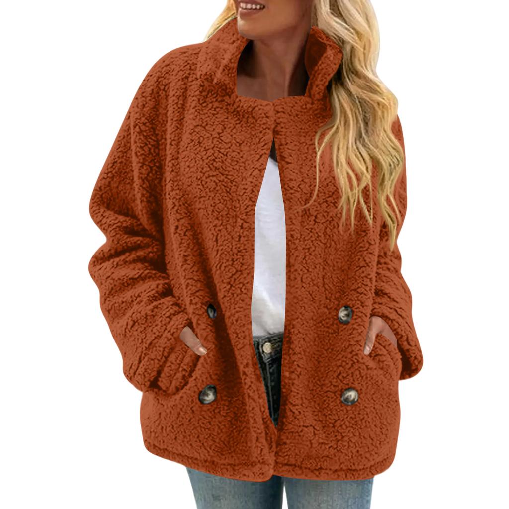 Damen Kariert Doppelseitig Plüsch Aufgesetzte Tasche Knopf Strickjacke Lässiges Oberteil Jacke