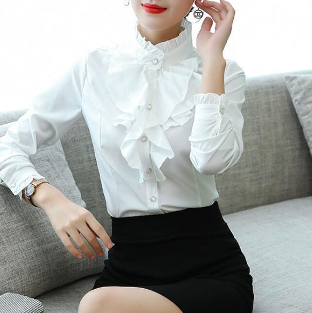 New Stand-up Collar Lace Long-sleeved Shirt Ladies White Shirt Professional Shirt