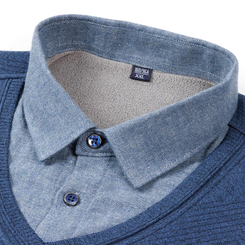ROMON Men's Fleece-Lined Wool Blend Knit Shirt Collar Sweater