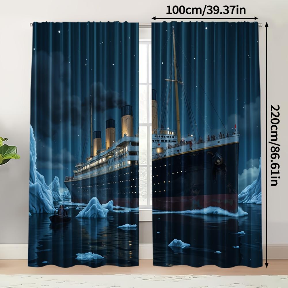 2pcs Titanic-Themed Dark Sheer Curtains – Made of Polyester with Rod Pocket Design, Perfect for Bedroom or Living Room Decor