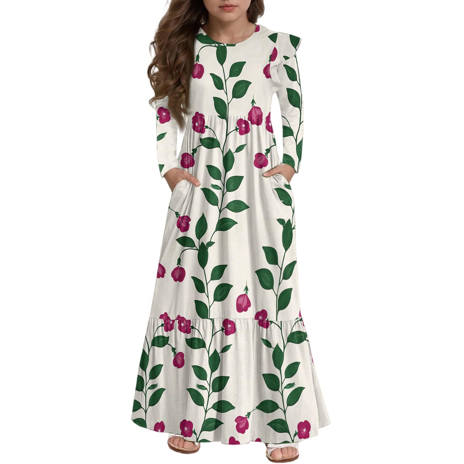 

Платье с многоярусными оборками для девочек - Макси с длинным рукавом и принтом, с карманами 150