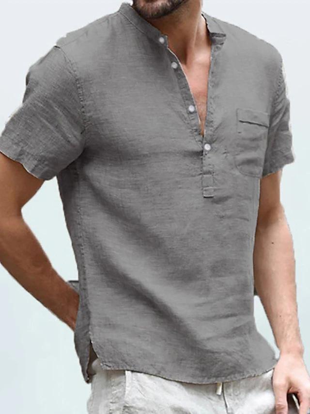 European and American Summer Men's Solid Color Short-Sleeve Stand Collar Casual Shirt for Teens, Large Size