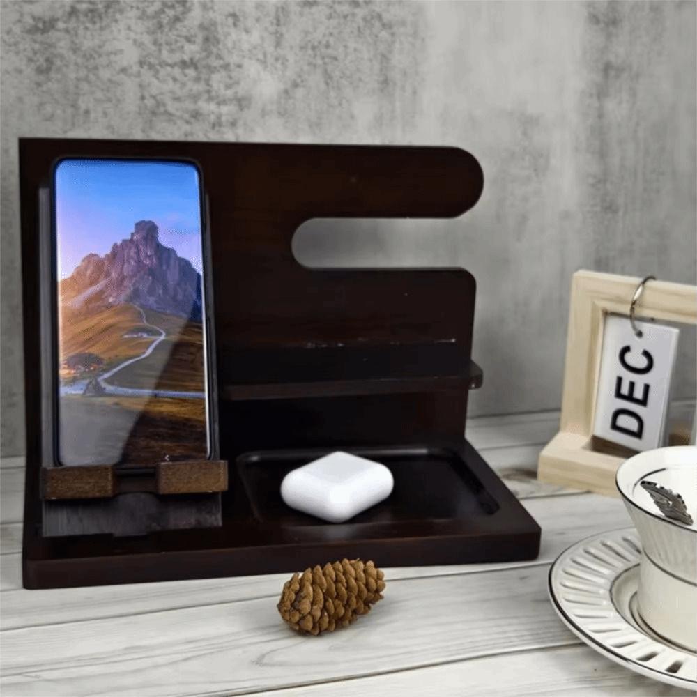 Suporte de Carregamento para Celular em Madeira Maciça Design Estável com Ranhura Economizador de Espaço Estação de Docking para Celular Organizador de Relógio Destacável para Cabeceira