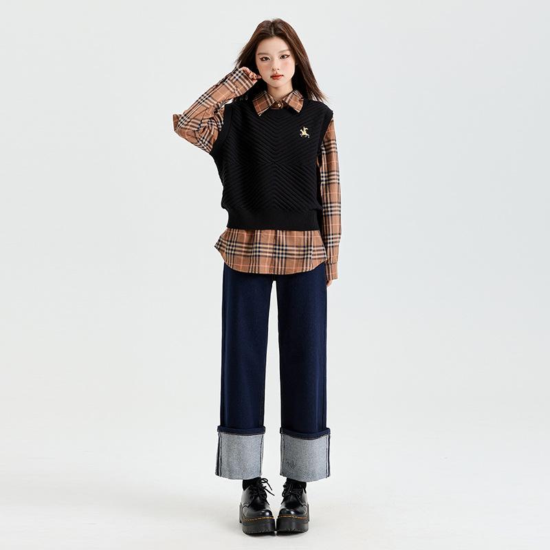 Denim blue curled narrow version straight jeans women's autumn and winter new small design sense high waist nine-point pipe pants
