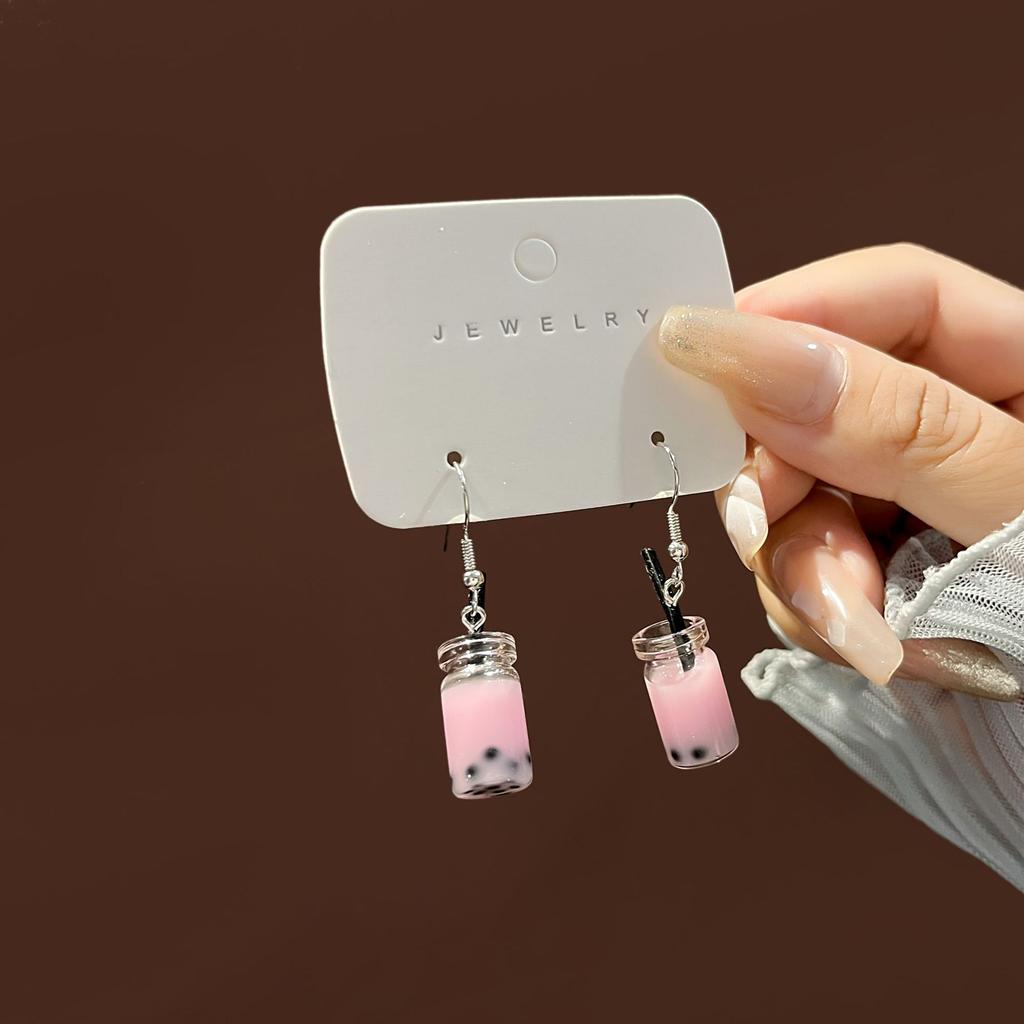 Cartoon Creative Handmade Milk Tea Cup Beverage Bottle Earrings, Funny Cute Mineral Water Bottle Earrings