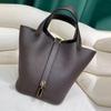 2024 Color-Matched Genuine Leather Bucket Bag, Lychee Grain Cowhide Handbag for Women