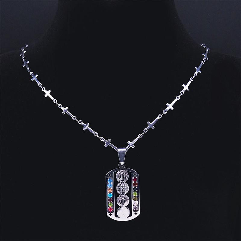Stainless Steel Crystal Catholicism Saint Benedict Jesus Necklaces Women/Men Cross Chain Necklace Jewelry cruz colgante N4909S02