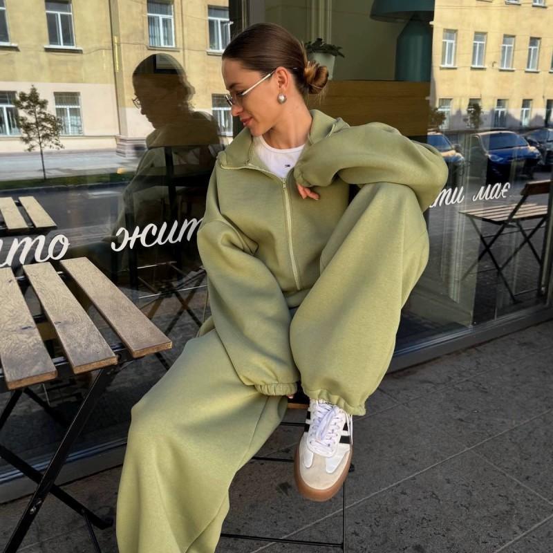 Womens 2-Piece Casual Set Half-Zip Stand Collar Short Top Loose Lantern Sleeve Wide Leg Pants