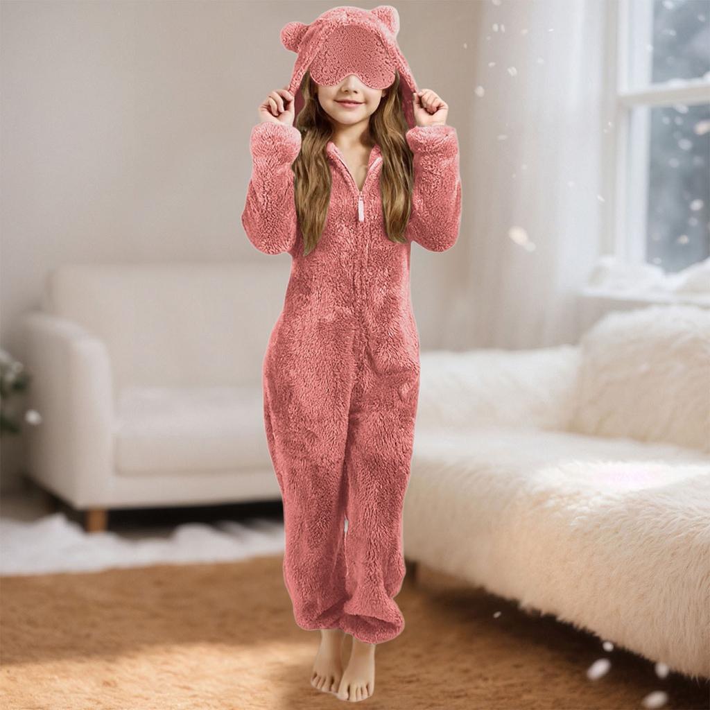 Children's Fashion Solid Colour Autumn/Winter Plush Hooded Onesie Loungewear Pyjamas With Eye Mask