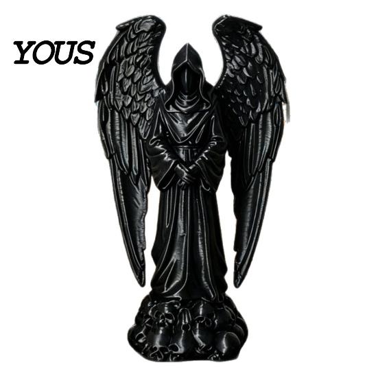 Black Matte Finish Statue 3D Printed Sculpture Decoration, Dark Gothic Angel Decoration with Detailed Feather Faceless Figure Texture, чёрный
