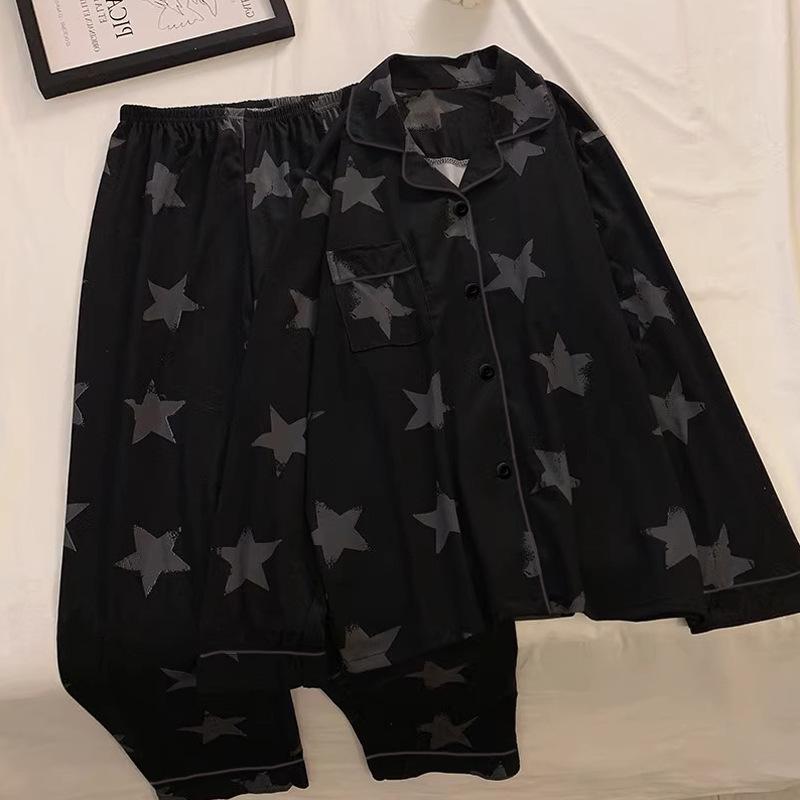 Spring new black high-end imitation cotton pajamas long-sleeved trousers star graffiti loungewear set