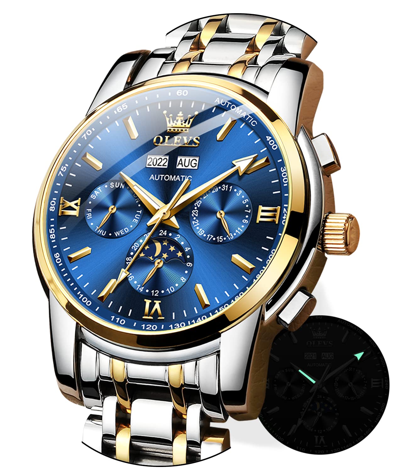 

OLEVS Мужские стильные джентльменские крутые скелетонированные синие автоматические заводные популярные мужские повседневные водонепроницаемые водонепроницаемые светящиеся подарочные мужские часы синего цвета