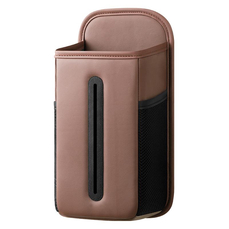 Car Seat Side Tissue Holder with Storage Pouch Leather Auto Driver Seat Hanging Organizer Mesh Phone Storage Pocket Napkin Box
