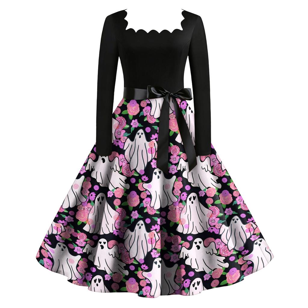 Women's Vintage Long Sleeve Square Neck Halloween Print Party Dress Midi Length Fit and Flare Style with Waist Tie Belt