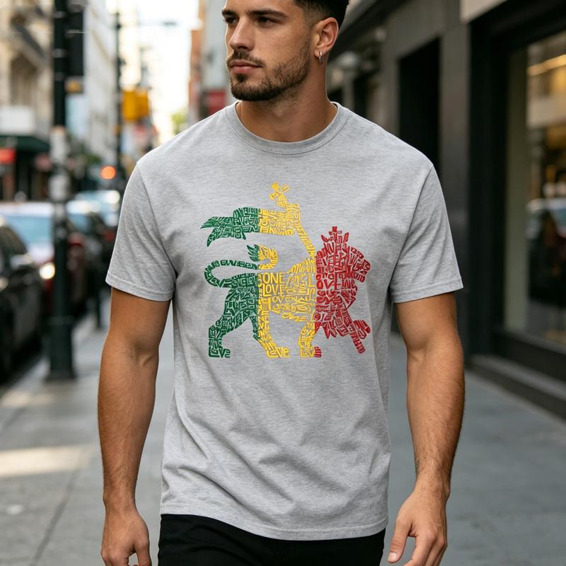 Reggae Rasta Löwe Wortkunst T-Shirt für Unisex Unisex Vintage Rockband T-Shirt Lässiges Kurzarm Oberteil