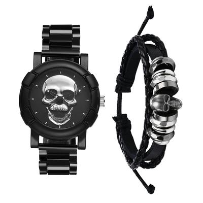 Skull Watch with Bracelet Analog Skeleton Watch with Waterproof Leather Strap and Black Quartz Movement Perfect Gift for or Boyfriend Men's Set -