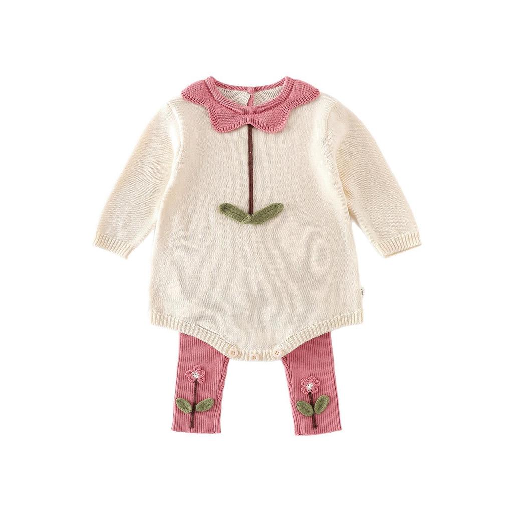 Herbst 2025 Baby Strampler mit floralem Kragen & bestickte Leggings Set